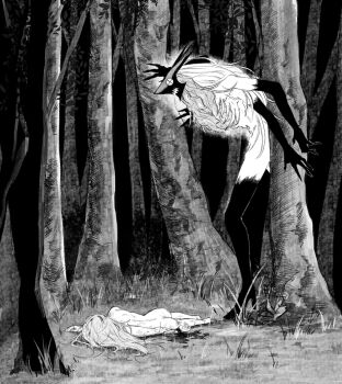blood blood_devil_(chainsaw_man) blood_on_arm chainsaw_man corpse forest grass highres long_hair monochrome mulsu_ww nature nude power_(chainsaw_man) tall_female