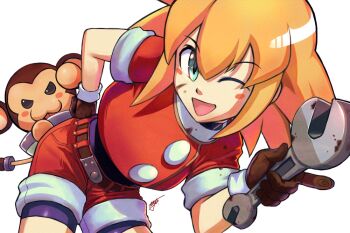 1girl adam_ryu_ford bent_over black_bodysuit blonde_hair blush_stickers bodysuit bodysuit_under_clothes brown_gloves cowboy_shot cropped_jacket data_(mega_man) dirty dirty_face gloves holding jacket long_hair mega_man_(series) mega_man_legends_(series) one_eye_closed open_mouth red_jacket red_shorts roll_caskett_(mega_man) shorts simple_background smile tongue white_background