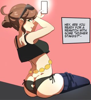 Rule 34 | 1girl, arms up, ass, ass cutout, beauty (pokemon), brown eyes, brown hair, butt crack, cellphone, clothing cutout, crop top, dimples of venus, hair bun, heart cutout, looking at viewer, looking back, nintendo, panties, phone, pokemon, pokemon xy, side-tie panties, simple background, sitting, solo, speech bubble, sunbeam (artist), sunglasses, sunglasses on head, underwear