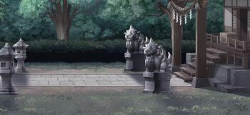 architecture box bush day donation_box east_asian_architecture game_cg hakurei_shrine komainu no_humans non-web_source official_art outdoors path road rope scenery shide shimenawa shrine stairs stone_lantern touhou touhou_gensou_eclipse tree