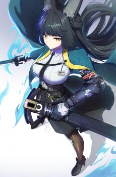 1girl absurdres animal_ear_fluff animal_ears belt black_hair blue_fire blunt_bangs breasts commentary fire fox_ears fox_girl gao_kawa gloves highres holding holding_sword holding_weapon hoshimi_miyabi id_card jacket long_hair medium_breasts necktie open_clothes open_jacket pantyhose platform_heels red_eyes shirt skirt sword unsheathed very_long_hair weapon zenless_zone_zero