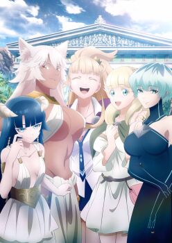 5girls amber_idonokan animal_ears blonde_hair blue_eyes breasts cat_ears closed_eyes dress granat_needakitta green_eyes highres horns kekkon_yubiwa_monogatari large_breasts long_hair multiple_girls navel nephrites_lomka nonaka_himeno official_art open_mouth revealing_clothes saphir_maasa skirt smile underboob