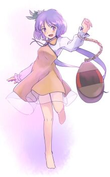 1girl :d barefoot biwa_lute blush bracelet breasts chain commentary_request dress flower full_body gold_bracelet gold_chain hair_flower hair_ornament hand_up instrument jewelry knees long_hair long_sleeves lute_(instrument) medium_breasts one-hour_drawing_challenge open_mouth purple_eyes purple_hair rangycrow see-through_clothes see-through_skirt shirt sideways_glance skirt smile solo thighs touhou tsukumo_benben twintails white_shirt yellow_dress