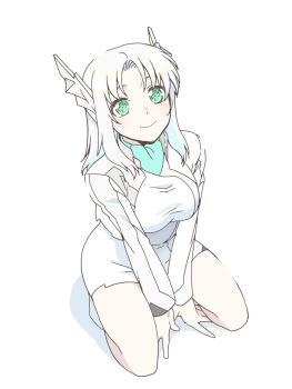 1girl alvis_uniform aqua_eyes ascot breasts commentary_request cropped_jacket dress horns jacket kneeling large_breasts looking_at_viewer mark_sein mechanical_horns nagi_(exsit00) parted_bangs personification simple_background smile solo soukyuu_no_fafner white_background white_dress white_hair white_jacket