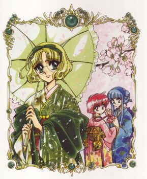 1990s_(style) 3girls alternate_hairstyle blonde_hair blue_eyes blue_hair blue_hairband bow braid cherry_blossoms clamp furisode glasses green_eyes hair_ribbon hair_up hairband hououji_fuu japanese_clothes kimono long_hair magic_knight_rayearth multiple_girls obi official_art parasol red_hair retro_artstyle ribbon round_eyewear ryuuzaki_umi sash scan shidou_hikaru short_hair smile spring_(season) umbrella yukata