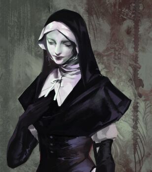 1girl absurdres black_capelet black_corset black_gloves black_hair bone capelet closed_eyes coif commentary corset elbow_gloves elden_ring elden_ring_nightreign english_commentary gameplay_mechanics gloves hand_on_own_chest highres looking_down moldypancake nun pale_skin simple_background solo spine undertaker_(elden_ring) upper_body white_coif