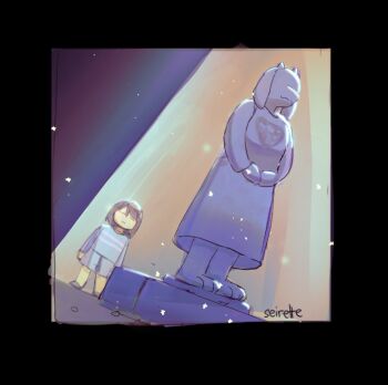 1other blue_shirt blue_shorts brown_hair closed_eyes commentary delta_rune_(symbol) double_horizontal_stripe english_commentary frisk_(undertale) seirette shirt short_hair shorts signature statue striped_clothes striped_shirt toriel undertale utdr_(toby_fox)