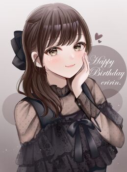 Rule 34 | 1girl, black bow, black dress, blush, bow, brown eyes, brown hair, closed mouth, commentary request, dress, english text, grey background, hair bow, hand on own cheek, hand on own face, happy birthday, heart, highres, ishitobi erika, long hair, long sleeves, looking at viewer, real life, sakura hiyori, simple background, smile, solo, upper body