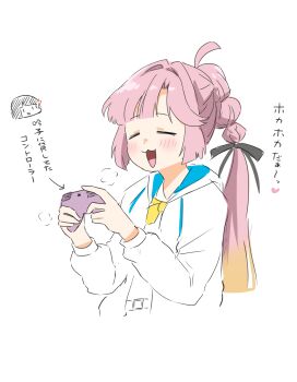 2girls :3 :d =_= absurdres ahoge anyoji_hime black_ribbon blonde_hair chibi chibi_inset closed_eyes controller cropped_torso game_controller gradient_hair hair_ribbon hasu_no_sora_school_uniform highres holding holding_controller holding_game_controller hood hooded_jacket jacket kanzaki_gou link!_like!_love_live! long_hair love_live! momose_ginko multi-tied_hair multicolored_hair multiple_girls open_clothes open_jacket open_mouth pink_hair playing_games ponytail ribbon school_uniform simple_background smile solo_focus translation_request virtual_youtuber white_background white_jacket