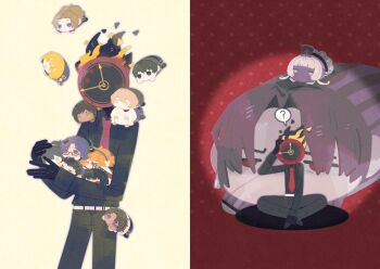 1other 6+boys 6+girls belt black_gloves black_shirt black_skin character_doll charon_(project_moon) clock collared_shirt colored_skin dante_(limbus_company) doll don_quixote_(project_moon) faust_(project_moon) flaming_head gloves gregor_(project_moon) hand_up heathcliff_(project_moon) highres hong_lu_(project_moon) ishmael_(project_moon) limbus_company meursault_(project_moon) mochikororin multiple_boys multiple_girls necktie object_head outis_(project_moon) oversized_object project_moon red_background red_necktie rodion_(project_moon) ryoshu_(project_moon) shirt simple_background sinclair_(project_moon) sitting vergilius_(project_moon) white_background white_belt white_hair yesheng_zong_ren yi_sang_(project_moon)