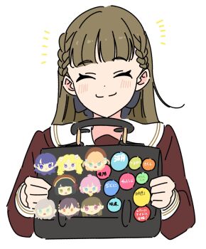 1girl ^_^ anyoji_hime badge black_bow blush bow braid briefcase brown_hair button_badge center-flap_bangs ceras_yanagida_lilienfeld character_badge closed_eyes closed_mouth commentary_request facing_viewer hair_bow happy hasu_no_sora_school_uniform highres hinoshita_kaho holding holding_briefcase itabag kachimachi_kosuzu katsuragi_izumi link!_like!_love_live! llkapital long_sleeves love_live! momose_ginko murano_sayaka notice_lines osawa_rurino sailor_collar school_briefcase school_uniform side_ahoge side_braids smile solo split_mouth translation_request virtual_youtuber white_sailor_collar winter_uniform