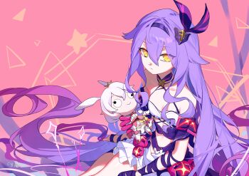 1girl absurdres bare_shoulders breasts character_doll chinese_commentary commentary_request cy_fei doll dress hairband highres holding holding_doll honkai_(series) honkai_impact_3rd long_hair looking_at_viewer magical_girl meme pink_background purple_dress purple_hair purple_hairband sirin sirin_(miracle_magical_girl) small_breasts solo teri_derp_(meme) theresa_apocalypse theresa_apocalypse_(sakuno_rondo) very_long_hair yellow_eyes