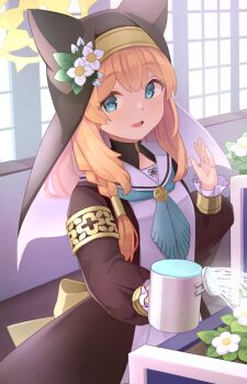 Rule 34 | 1girl, animal ear headwear, blue archive, blue eyes, braid, fake animal ears, flower, hair flower, hair ornament, halo, highres, holding, holding watering can, mari (blue archive), nomio, nun, single braid, solo, watering, watering can, white flower