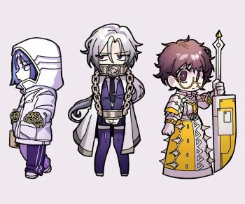 1girl 2boys albina_(project_moon) albina_(project_moon)_(cosplay) armor armored_dress black_eyes black_hair blue_eyes blue_hair cape commentary cosplay crossdressing crossdressing_(mtf) dress english_commentary full_body glasses gloves gold_trim grey_hair hands_in_pockets highres holding holding_sword holding_weapon jacket kira_(project_moon) kira_(project_moon)_(cosplay) limbus_company long_hair looking_to_the_side low_ponytail lucio_(project_moon) multiple_boys open_mouth pants pink_eyes ponytail project_moon purple_pants ren_(project_moon) simple_background sora_(project_moon) sora_(project_moon)_(cosplay) spiked_dress sword twobillionwasps very_long_hair weapon white_background white_cape white_gloves white_jacket