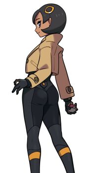 Rule 34 | 1girl, ass, bob cut, bodysuit, brown hair, cowboy shot, dark-skinned female, dark skin, emma (pokemon), from behind, himurohiromu, jacket, looking at viewer, looking back, nintendo, poke ball, poke ball (basic), pokemon, pokemon legends: z-a, purple eyes, smile, solo, standing, white background