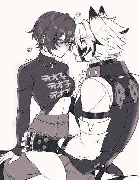 1boy 1girl animal_ears belle_(zenless_zone_zero) bicep_strap black_gloves black_shirt blush body_fur breasts brown_pants closed_mouth colored_tips commentary crossed_bangs earrings etg_bp eye_contact fingerless_gloves from_side furry furry_male furry_with_non-furry gloves grey_vest hair_between_eyes half-closed_eyes hand_on_another&#039;s_leg heart hetero high-waist_skirt highres interspecies jewelry lifting_another&#039;s_clothes looking_at_another medium_breasts monochrome multicolored_hair multiple_rings muzzle_(mask) necklace open_mouth pants print_shirt ring shirt short_hair simple_background sitting sitting_on_person skirt sleeves_rolled_up straddling symbol-only_commentary tail tail_belt twitching vest von_lycaon white_background white_fur white_hair white_shirt wolf_boy wolf_ears wolf_tail zenless_zone_zero