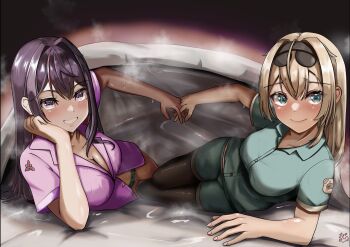 2girls alternate_costume azki_(hololive) bed bed_invitation blonde_hair green_eyes green_pajamas hair_between_eyes highres hololive kazama_iroha long_hair multicolored_hair multiple_girls pajamas pantyhose pink_hair pink_pajamas pov purple_eyes purple_hair shorts sinkasurukaeru smile steaming_body underwear virtual_youtuber