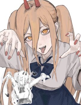 1girl blonde_hair blue_bow blue_bowtie blue_skirt bow bowtie chainsaw_man cross-shaped_pupils demon_horns grey_shirt hair_between_eyes highres horns kohaa_ku long_hair_between_eyes power_(chainsaw_man) red_horns red_nails sharp_teeth shirt skirt solo symbol-shaped_pupils teeth tongue tongue_out twintails white_background yellow_eyes