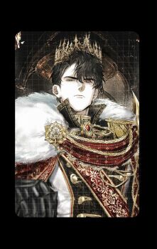 1boy alternate_costume black_coat black_hair brooch coat crown curtained_hair epaulettes fur_collar gold_trim high_collar highres jewelry looking_at_viewer male_focus narrowed_eyes omniscient_reader&#039;s_viewpoint popped_collar serious short_hair solo toupou39 upper_body yoo_joonghyuk
