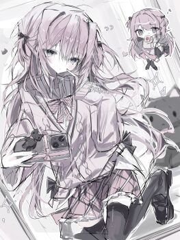 Rule 34 | 1girl, absurdres, black shoes, bow, bowtie, cardigan, cellphone, cellphone charm, charm (object), checkered clothes, checkered skirt, chibi, chibi inset, commentary, commission, highres, nyaatori, original, phone, pink cardigan, pink hair, shoes, skeb commission, skirt, smartphone, solo, taking picture, thighhighs, two side up