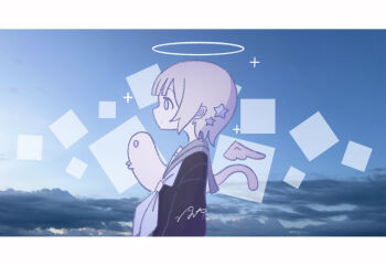 Rule 34 | 1girl, angel, angel wings, black shirt, detached wings, from side, ghost, grey sailor collar, halo, highres, letterboxed, mini wings, omochi noa, original, profile, sailor collar, school uniform, serafuku, shirt, short hair, signature, traditional halo, upper body, wings