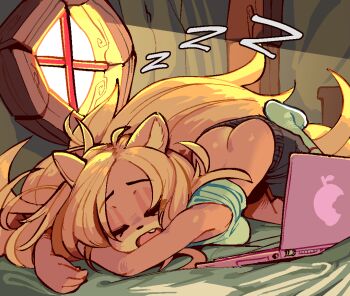 1girl ahoge animal_ears ass blonde_hair body_fur breasts butt_crack coco_bandicoot computer crash_bandicoot_(series) downpants closed_eyes fang furry furry_female indoors laptop long_hair medium_breasts messy_hair on_bed shorts sleeping socks solo tank_top wamudraws zzz