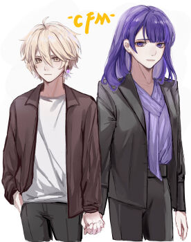 1boy 1girl absurdres aether_(genshin_impact) ahoge alternate_costume alternate_universe artist_name black_jacket black_pants black_suit blonde_hair blunt_bangs brown_jacket chifeimu chinese_commentary closed_mouth collared_jacket contemporary couple earrings expressionless formal_clothes friends genshin_impact gradient_hair hair_between_eyes hand_in_pocket highres holding_hands jacket jewelry long_hair long_sleeves looking_to_the_side mole mole_under_eye multicolored_hair pants purple_eyes purple_hair purple_shirt raiden_shogun shade shirt simple_background single_earring standing suit upper_body white_background white_shirt yellow_eyes