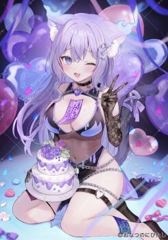 1girl :3 animal_ears balloon bikini black_bikini black_skirt blush breasts cat_ears cat_girl cat_tail commentary_request heart_balloon highres hololive large_breasts long_hair mole mole_on_breast nekomata_okayu one_eye_closed purple_eyes purple_hair rucaco sample_watermark skirt solo swimsuit tail v virtual_youtuber watermark