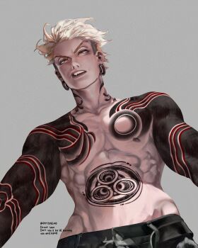 1boy abs arm_tattoo blonde_hair chest_tattoo collarbone earrings enjin_(gachiakuta) fang from_below gachiakuta grey_background highres hip_bones jewelry looking_at_viewer male_focus multiple_tattoos neck_tattoo nipples pants pectorals ppyong40 solo stomach_tattoo tattoo teeth topless_male twitter_username v-shaped_eyebrows