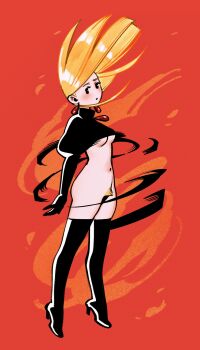 1girl aatom87 black_dress black_gloves black_shoes black_socks blonde_hair blonde_pubic_hair breasts commentary dress earrings english_commentary gloves high_heels highres jewelry juliet_sleeves lilisen_(tower_dungeon) long_hair long_sleeves medium_breasts puffy_sleeves red_background shoes socks solo teardrop_earrings torn_clothes torn_dress tower_dungeon