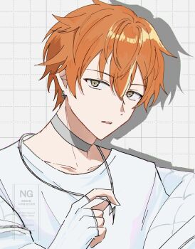 1boy choker competitive_fire!_(project_sekai) fingerless_gloves gloves green_eyes hashtag-only_commentary highres jewelry looking_at_viewer male_focus necklace official_alternate_costume open_mouth orange_hair owarincho_0809 project_sekai shadow shinonome_akito shirt solo teeth white_background white_gloves white_shirt