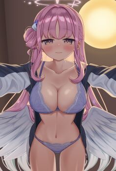 1girl blue_archive bra breasts collarbone commentary_request cowboy_shot feathered_wings hair_ornament halo highres jacket lace lace-trimmed_bra lace-trimmed_panties lace_trim large_breasts looking_at_viewer mika_(blue_archive) navel open_clothes panda_90321 panties pink_hair sidelocks solo track_jacket underwear white_wings wings yellow_eyes