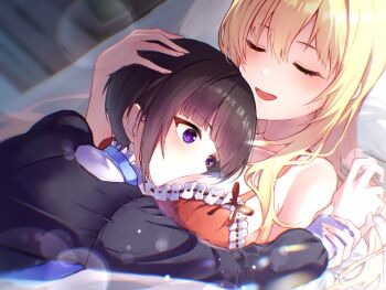 2girls black_hair black_shirt blonde_hair blush breast_rest breasts breasts_on_head closed_eyes commentary_request hand_on_another&#039;s_head holding_another&#039;s_wrist idolmaster idolmaster_cinderella_girls kurosaki_chitose long_hair lying medium_breasts multiple_girls on_back on_stomach shirayuki_chiyo shirt short_hair smile tialas yuri