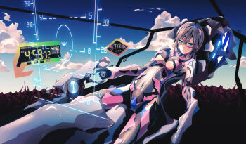 1girl alternate_costume bad_id bad_pixiv_id blue_eyes breasts brown_hair cloud cockpit female_focus glass_cockpit glasses hairband highres long_hair looking_at_viewer lying makinami_mari_illustrious mecha_pilot_suit merontomari neon_genesis_evangelion on_back plugsuit_(evangelion) rebuild_of_evangelion sky solo timer underboob