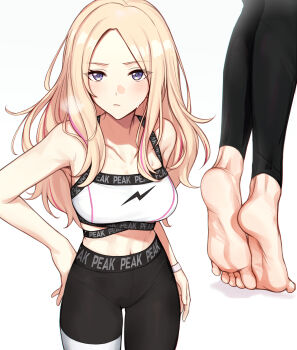 Rule 34 | 1girl, barefoot, blonde hair, blue eyes, blush, evan yang, feet, gakuen idolmaster, hand on own hip, highres, idolmaster, juo sena, leggings, long hair, looking at viewer, soles, sports bra, toes