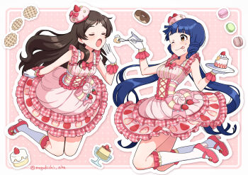 2girls :o ;p artist_name bare_arms bare_shoulders blue_hair blush border bow breasts brown_eyes brown_hair cake cherry closed_eyes closed_mouth collarbone commentary commentary_request corset donut dress eating english_commentary feeding floating floating_hair food food_on_face food_print food_request fork frilled_dress frilled_gloves frilled_socks frills fruit fruit_print full_body gingham gingham_dress gloves hand_up hands_up hat high_heels highres holding holding_fork holding_plate idolmaster idolmaster_million_live! idolmaster_million_live!_theater_days kitakami_reika kitazawa_shiho kneehighs long_hair looking_at_another macaron medium_breasts mini_hat mixed-language_commentary mogukichi_aka multiple_girls official_alternate_costume one_eye_closed open_mouth outline outside_border parted_bangs pink_background pink_bow pink_dress pink_hat pink_shoes pinky_out plate polka_dot polka_dot_background print_dress pudding raised_eyebrows shoes simple_background sleeveless sleeveless_dress small_breasts socks strawberry strawberry_print tilted_headwear tongue tongue_out twintails_with_hair_base twitter_username underbust very_long_hair white_border white_gloves white_outline white_socks
