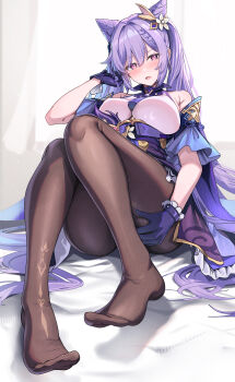 1girl absurdres bare_shoulders blush breasts brown_pantyhose commentary_request cone_hair_bun dress genshin_impact gloves gu_luco hair_bun hair_ornament highres keqing_(genshin_impact) large_breasts long_hair looking_at_viewer open_mouth pantyhose purple_dress purple_eyes purple_gloves purple_hair sitting solo swept_bangs twintails