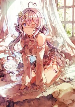 1girl absurdres ahoge bandaid bandaid_on_leg blue_eyes bow breasts cellphone clothing_cutout commentary crossed_bangs curtains english_commentary eyepatch frilled_shirt frills hair_between_eyes hair_bow heart heart_ahoge highres indie_virtual_youtuber kamu_kotan kneeling long_hair long_sleeves looking_at_viewer medium_breasts parted_lips phone pink_shirt pink_skirt purple_hair rachie_(utaite) red_bow second-party_source shirt shoulder_cutout skirt smartphone smile solo stuffed_animal stuffed_toy teddy_bear twintails variant_set wind