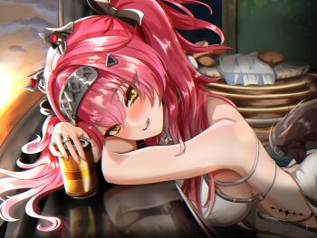 1girl absurdres bare_shoulders black_bow blush bow breasts bunchosan_dayo can commentary_request drink_can drunk fingernails hair_bow hair_ornament hairband highres holding holding_can jewelry long_hair looking_at_viewer lupa_(wuthering_waves) medium_breasts metal_hairband multiple_rings red_hair red_pupils revision ring smile solo tacet_mark_(wuthering_waves) tail wolf_tail wuthering_waves yellow_eyes