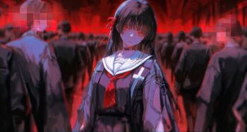 1girl 96yottea black_choker black_hair black_jacket black_serafuku black_shirt black_skirt breasts chisa_(wuthering_waves) choker commentary hair_ribbon highres jacket long_hair medium_breasts neckerchief people red_eyes red_neckerchief red_ribbon ribbon sailor_collar school_uniform serafuku shirt skirt solo_focus symbol-only_commentary upper_body white_sailor_collar wuthering_waves