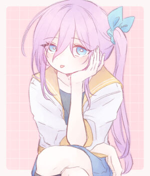 Rule 34 | 1girl, alternate hairstyle, aubrey (faraway) (omori), aubrey (omori), black socks, blue eyes, blue ribbon, blue skirt, bright pupils, closed mouth, collarbone, commentary request, crossed legs, denim, denim skirt, double-parted bangs, hair between eyes, hair ribbon, hand on own cheek, hand on own face, highres, jacket, kneehighs, long hair, mimi utlove, omori, open clothes, open jacket, pink hair, ribbon, short-sleeved jacket, short sleeves, side ponytail, sidelocks, skirt, socks, solo, tongue, tongue out, white jacket, white pupils