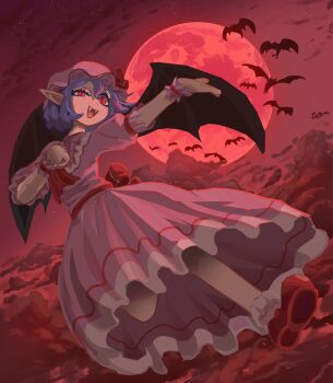 1girl above_clouds ascot back_bow bat_(animal) bat_wings blue_hair bow cloud dress fangs hat hat_ribbon highres looking_at_viewer mob_cap moon open_mouth pink_hat puffy_sleeves red_ascot red_bow red_eyes red_moon red_ribbon red_sky remilia_scarlet ribbon short_hair short_sleeves sky smile solo star_(sky) thegoatwhodraws touhou wings wrist_cuffs