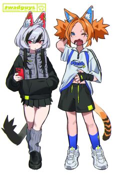 Rule 34 | 2girls, :<, ^ ^, ahoge, animal ear fluff, animal ear piercing, animal ears, arm up, artist logo, artist name, bags under eyes, black gloves, black hair, black hoodie, black shoes, black shorts, black skirt, black streaks, black tail, blue eyes, blue socks, blue trim, breast pocket, buckle, cat ears, cat girl, cat tail, closed eyes, closed mouth, clothes lift, cocked eyebrow, collared shirt, collared sweater, contrapposto, cross piercing, crossed ankles, curled tail, dot nose, double-parted bangs, double vertical stripe, drawstring, english text, eyebrows hidden by hair, fang, fingerless gloves, flats, gloves, grey hair, grey hoodie, grey socks, hair intakes, half-closed eye, half-closed eyes, hand in own hair, hand in pocket, hand on own head, hand on own stomach, hand up, hashtag, highres, holding, holding phone, hood, hood down, hoodie, invisible floor, kneehighs, large ears, legs apart, legs together, lifting own clothes, logo, long eyelashes, long sleeves, looking at viewer, loose socks, miniskirt, multicolored hair, multiple girls, narrowed eyes, notched ear, one eye closed, open mouth, orange hair, orange tail, original, parted bangs, phone, pleated skirt, pocket, print shirt, puffy long sleeves, puffy sleeves, raised eyebrow, red eyes, ribbed socks, scratching head, scratching stomach, shirt, shirt lift, shoes, short hair, shorts, sidelocks, skirt, sleepy, snap-fit buckle, sneakers, socks, sportswear, squinting, standing, streaked hair, striped tail, tag, tail, tearing up, teeth, thick eyebrows, thick eyelashes, thighs, tsurime, two-tone hair, two-tone hoodie, two-tone tail, two side up, v-shaped eyebrows, wadguym, white background, white shoes, wide sleeves, yawning, zipper, zipper pull tab