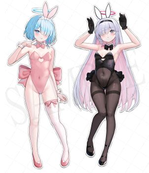 2girls :p absurdres alternate_costume animal_ear_hairband animal_ears arona_(blue_archive) black_bow black_bowtie black_gloves black_hairband black_leotard black_pantyhose black_shoes blue_archive blue_eyes blue_hair blush border bow bowtie braid breasts clothing_cutout colored_inner_hair commentary cutout_above_navel detached_collar fake_animal_ears full_body gloves grey_eyes grey_hair hair_over_one_eye hairband halo hand_up heart heart_cutout high-waist_pantyhose highleg highleg_leotard highres leotard long_hair looking_at_viewer multicolored_hair multiple_girls open_mouth pantyhose parted_lips pink_bow pink_bowtie pink_hair pink_leotard pink_shoes pink_thighhighs plana_(blue_archive) playboy_bunny rabbit_ear_hairband rabbit_ears sample_watermark shawn358 shoes short_hair side_braid signature single_braid single_thighhigh skindentation small_breasts smile strapless strapless_leotard symbol-only_commentary thighband_pantyhose thighhighs tongue tongue_out two-tone_hair v very_long_hair watermark white_border white_hairband white_thighhighs white_wrist_cuffs wrist_cuffs