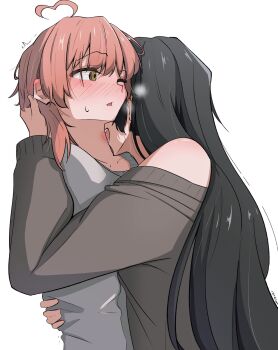 2girls ahoge bite_mark bite_mark_on_neck biting black_hair blush brown_eyes brown_hair commentary grey_sweater hashtag-only_commentary heart heart_ahoge highres koito_yuu long_hair long_sleeves medium_hair multiple_girls nanami_touko neck_biting nobunaga_(nbng_g) open_mouth simple_background sweater white_background yagate_kimi_ni_naru yuri