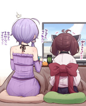 +++ 2girls ^^^ ahoge ahoge_wag ass black_skirt brown_hair commentary_request controller detached_sleeves dress expressive_hair food from_behind fruit game_controller hakushi_(empty_blanc) halter_dress halterneck holding holding_controller holding_game_controller joy-con long_sidelocks mandarin_orange medium_hair multiple_girls omake playing_games pleated_skirt purple_dress purple_sleeves ribbed_dress shirt short_hair_with_long_locks sidelocks skirt sleeveless sleeveless_dress touhoku_kiritan translation_request twintails voiceroid white_shirt yuzuki_yukari