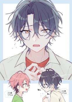 2boys absurdres black_hair blue_hair collared_shirt commentary_request curtained_hair ear_piercing earrings ensemble_stars! eye_contact eyes_visible_through_hair from_side gradient_hair hands_up highres jewelry kuon_mashu looking_at_another looking_at_viewer male_focus mole mole_on_neck multicolored_hair multiple_boys necklace open_mouth orange_eyes piercing pink_hair r1kuuw shirt short_hair sideways_mouth signature tsuzura_chitose upper_body