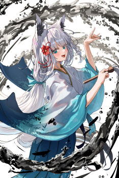 1girl animal_ears blue_eyes commentary_request fox_ears fox_girl fox_tail grey_hair highres holding holding_brush hololive long_hair long_skirt looking_at_viewer shirakami_fubuki skirt solo tail virtual_youtuber white_background yuno_usagi