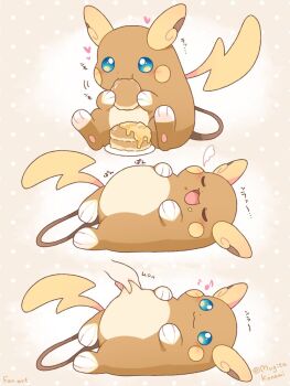 1other :3 :d alolan_form alolan_raichu artist_name blue_eyes blush closed_eyes disembodied_hand eating food gen_7_pokemon heart highres mugita_konomi musical_note nintendo open_mouth pancake pokemon pokemon_(creature) pokemon_focus smile
