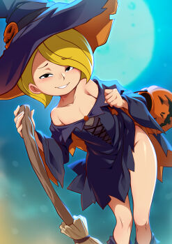 Rule 34 | 1girl, black dress, black eyes, blonde hair, blush, breasts, broom, cleavage, dress, harriet m. welsch, harriet the spy, hat, hat ornament, highres, holding, holding broom, jack-o'-lantern, jcm2, looking at viewer, medium hair, no panties, off-shoulder dress, off shoulder, side slit, small breasts, smile, smug, solo, wide sleeves, witch hat